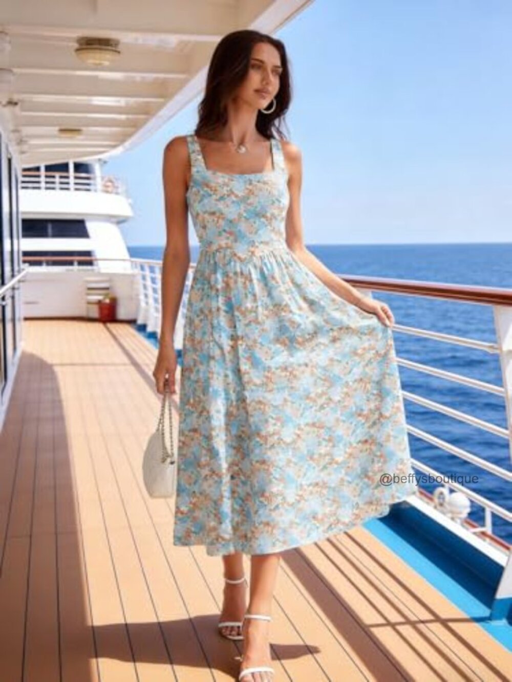 Midi Dress Square Neck Tank Sleeveless A Line Summer Dress with Pockets - Picture 4 of 7